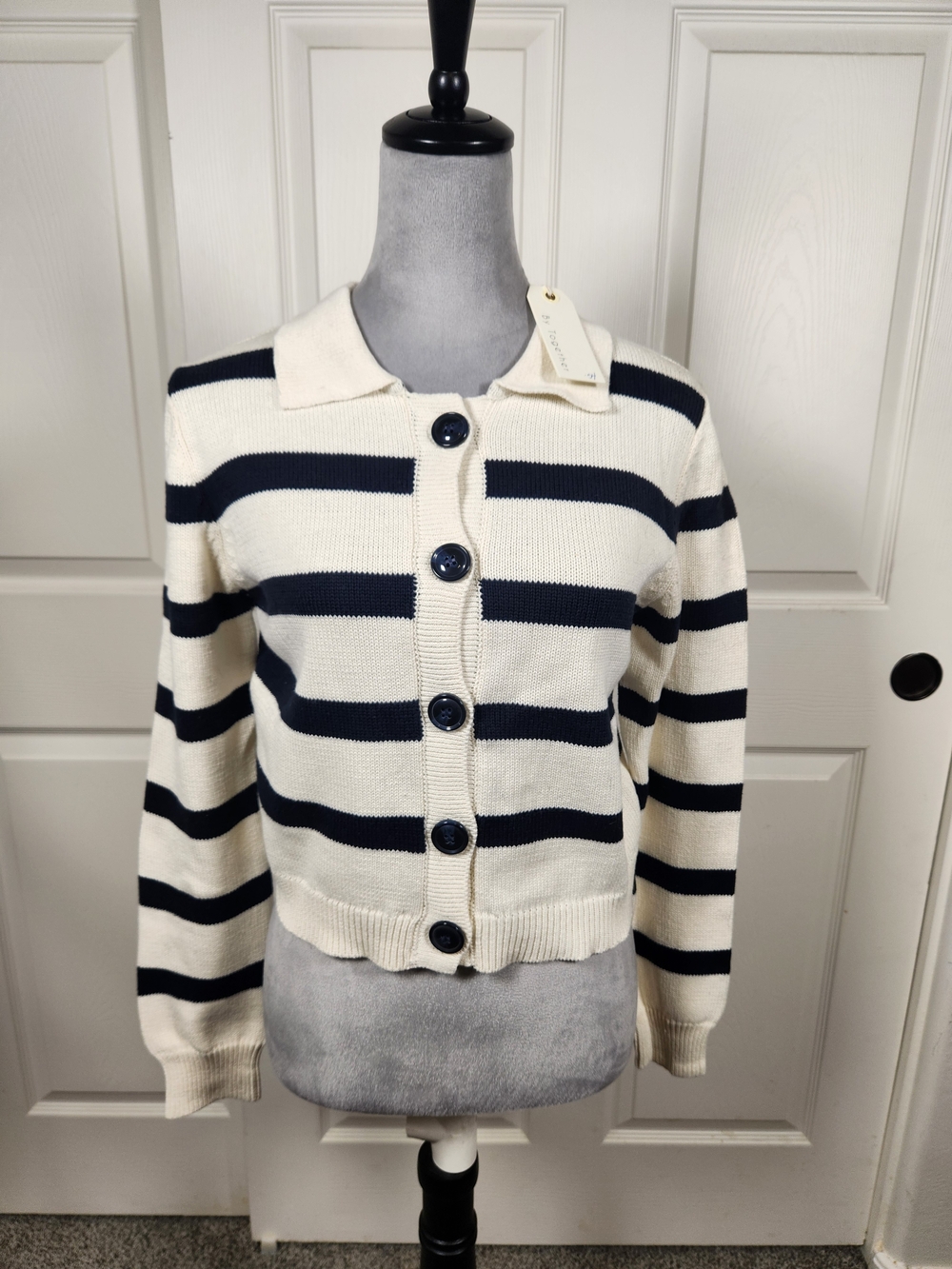 By Together Striped Button-Front Collar Cardigan - Ivory & Navy